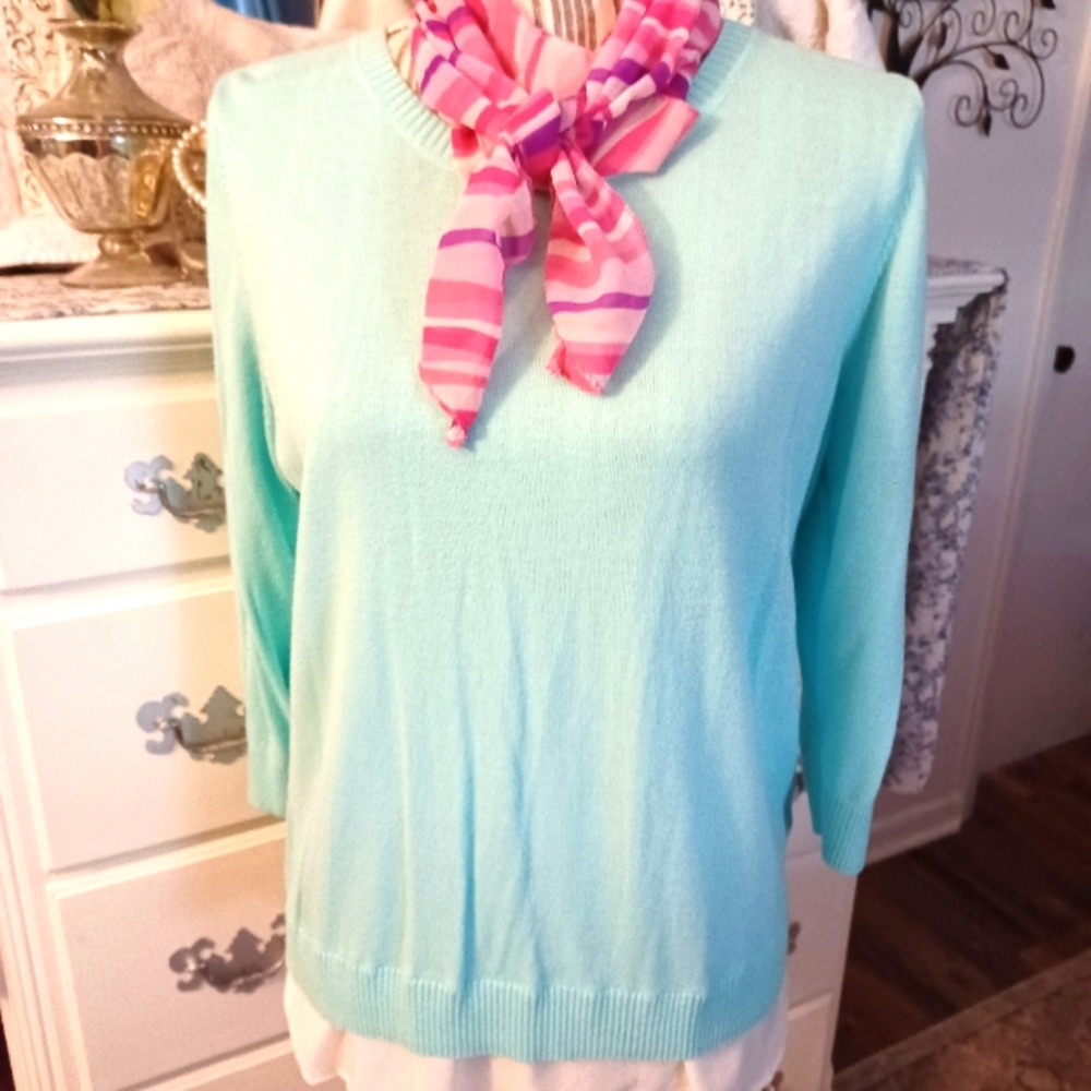 Stylus size Med, blue and white sweater top, 3/4 sleeves, slip lining